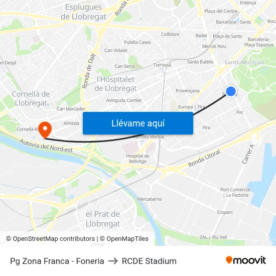 Pg Zona Franca - Foneria to RCDE Stadium map