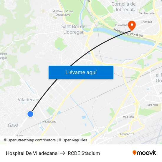 Hospital De Viladecans to RCDE Stadium map