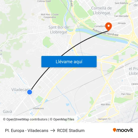 Pl. Europa - Viladecans to RCDE Stadium map