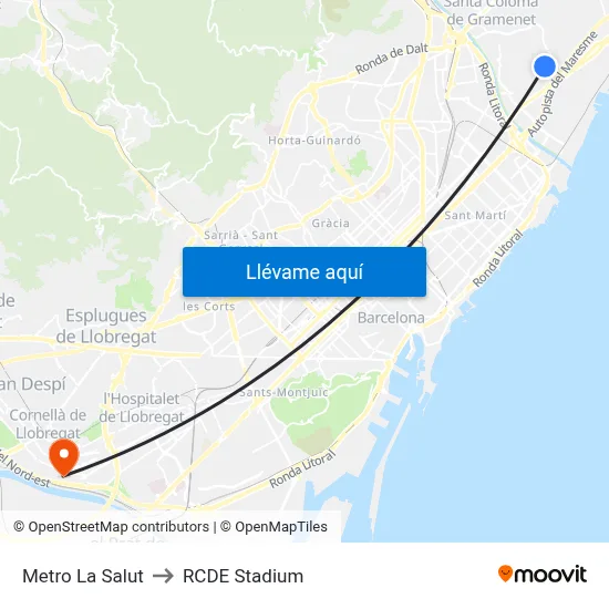Metro La Salut to RCDE Stadium map