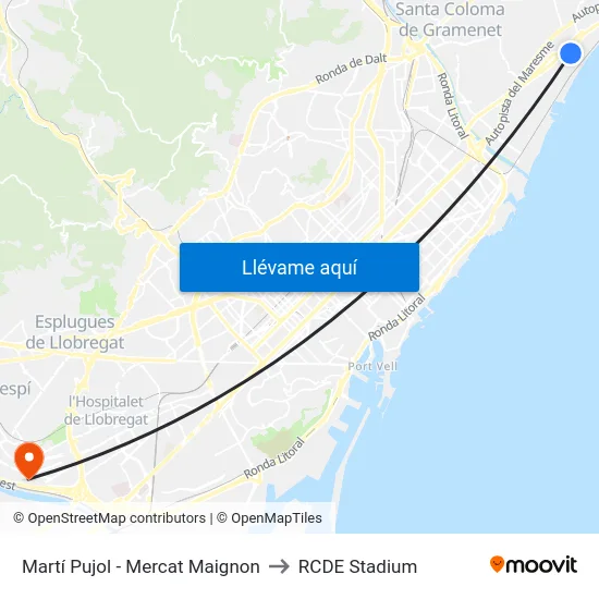 Martí Pujol - Mercat Maignon to RCDE Stadium map