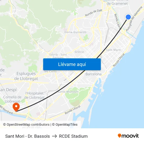 Sant Mori - Dr. Bassols to RCDE Stadium map