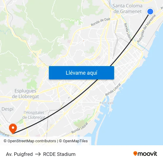 Av. Puigfred to RCDE Stadium map