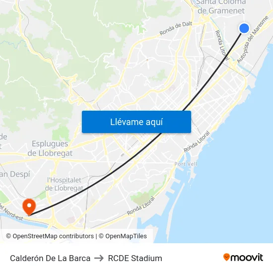 Calderón De La Barca to RCDE Stadium map