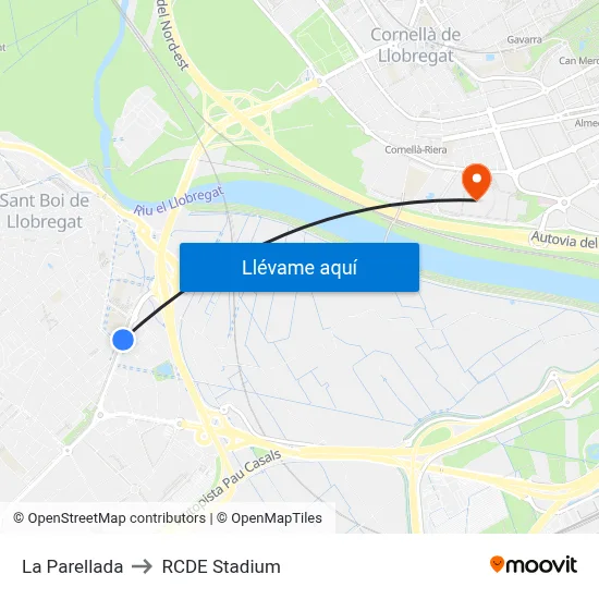 La Parellada to RCDE Stadium map