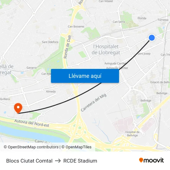 Blocs Ciutat Comtal to RCDE Stadium map