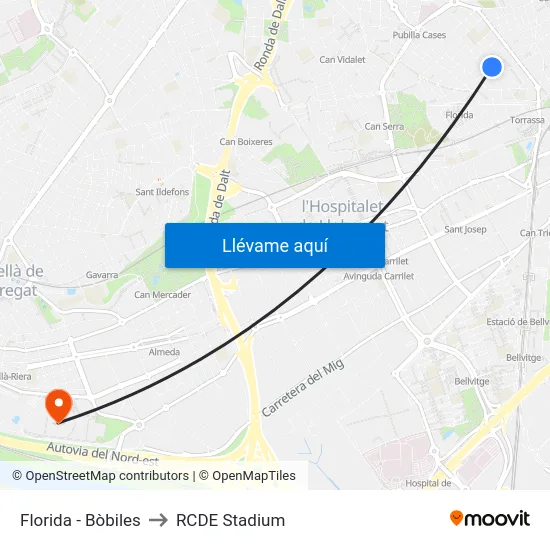Florida - Bòbiles to RCDE Stadium map