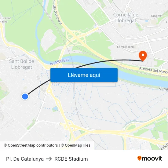 Pl. De Catalunya to RCDE Stadium map