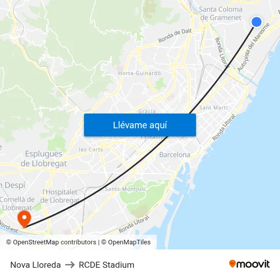 Nova Lloreda to RCDE Stadium map