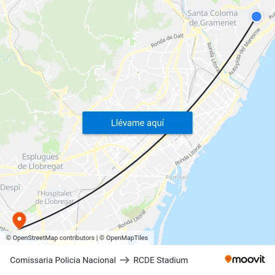 Comissaria Policia Nacional to RCDE Stadium map