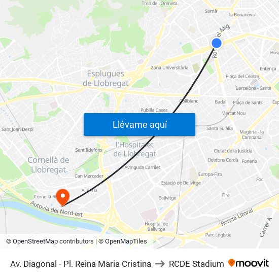 Av. Diagonal - Pl. Reina Maria Cristina to RCDE Stadium map