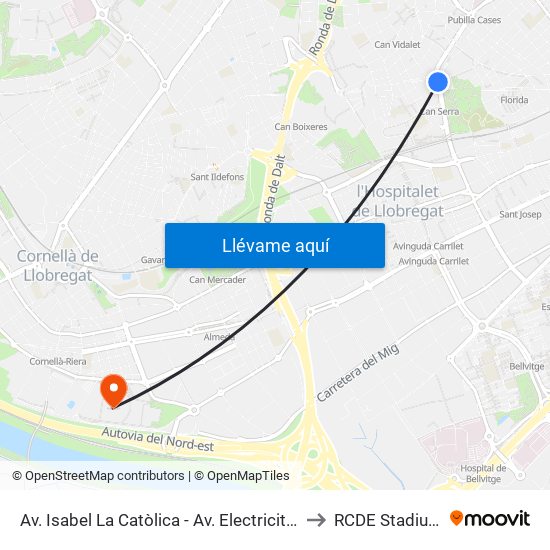 Av. Isabel La Catòlica - Av. Electricitat to RCDE Stadium map