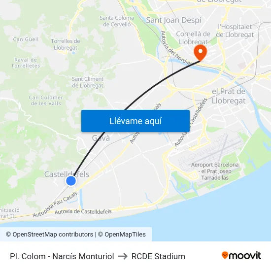 Pl. Colom - Narcís Monturiol to RCDE Stadium map