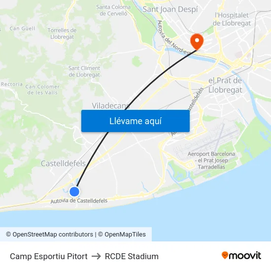 Camp Esportiu Pitort to RCDE Stadium map
