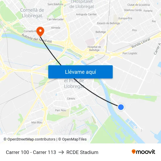 Carrer 100 - Carrer 113 to RCDE Stadium map