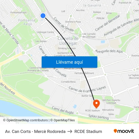 Av. Can Corts - Mercè Rodoreda to RCDE Stadium map