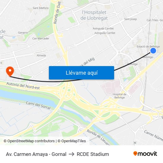 Av. Carmen Amaya - Gornal to RCDE Stadium map