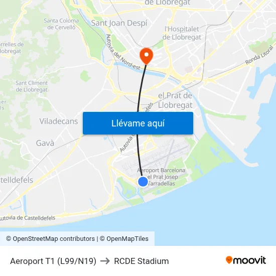 Aeroport T1 to RCDE Stadium map