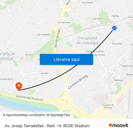 Av. Josep Tarradellas - Radi to RCDE Stadium map