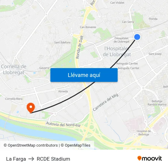 La Farga to RCDE Stadium map