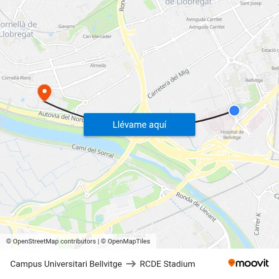 Campus Universitari Bellvitge to RCDE Stadium map