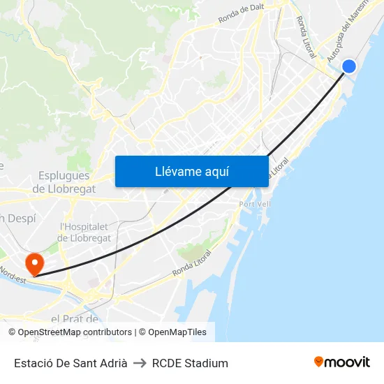 Estació De Sant Adrià to RCDE Stadium map