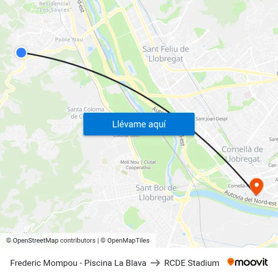 Frederic Mompou - Piscina La Blava to RCDE Stadium map