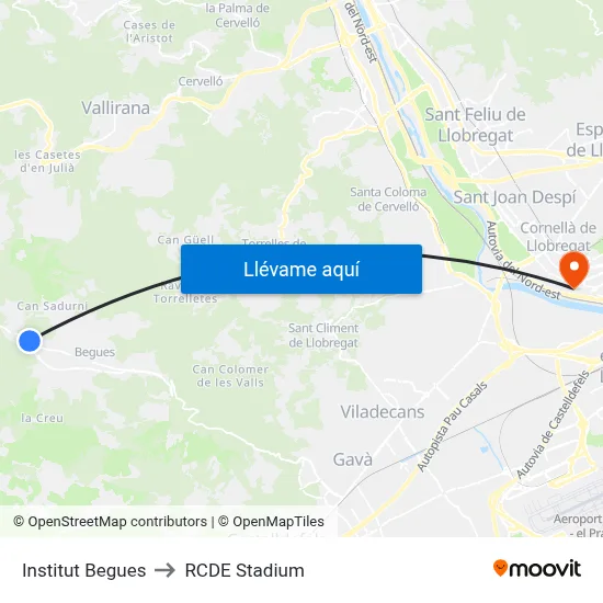 Institut Begues to RCDE Stadium map