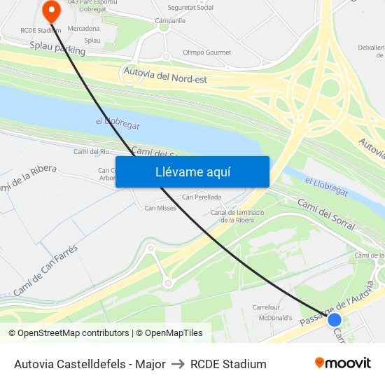 Autovia Castelldefels - Major to RCDE Stadium map