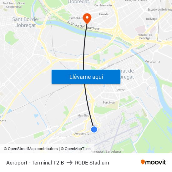 Aeroport - Terminal T2 B to RCDE Stadium map
