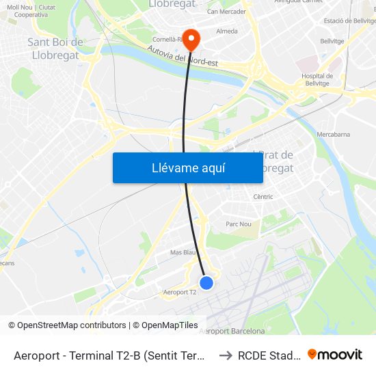 Aeroport - Terminal T2-B (Sentit Terminal T1) to RCDE Stadium map