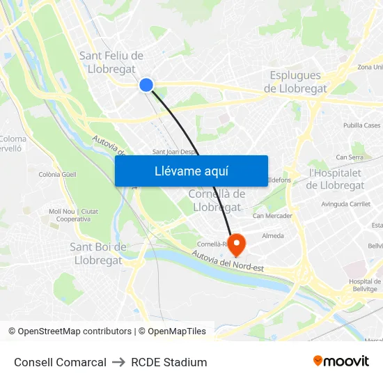 Consell Comarcal to RCDE Stadium map