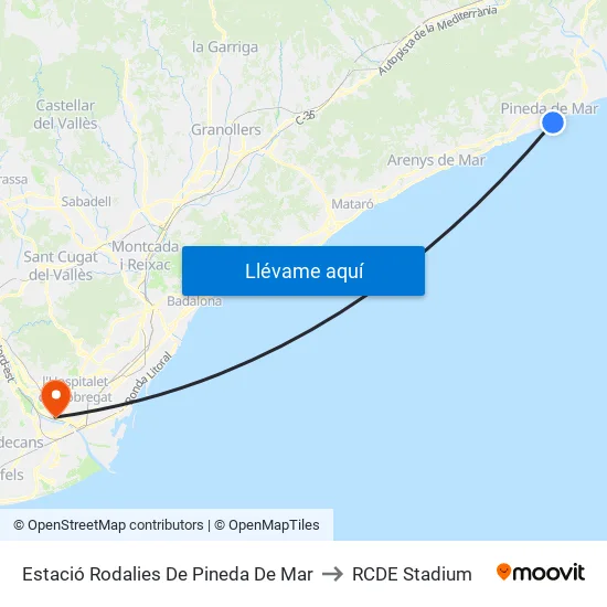 Estació Rodalies De Pineda De Mar to RCDE Stadium map