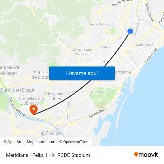 Meridiana - Felip Il to RCDE Stadium map