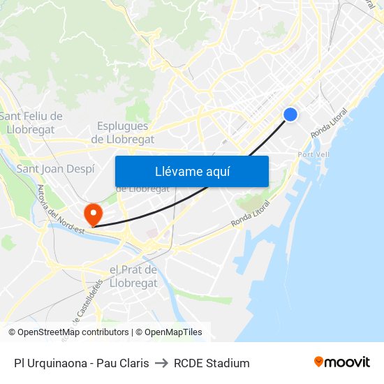 Pl Urquinaona - Pau Claris to RCDE Stadium map