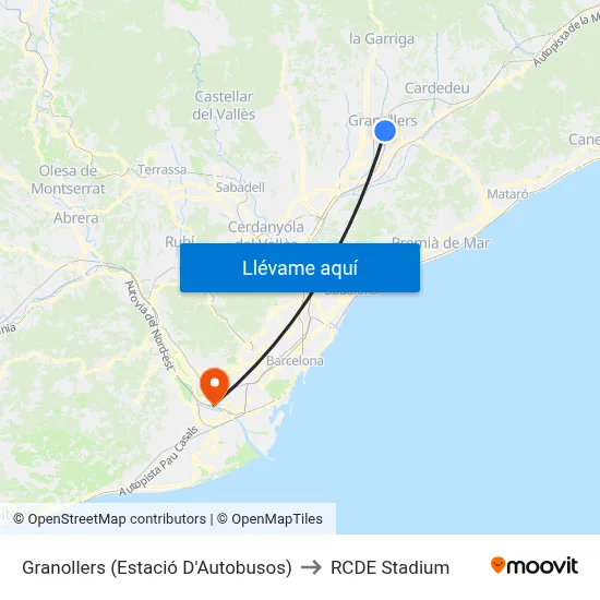 Granollers (Estació D'Autobusos) to RCDE Stadium map