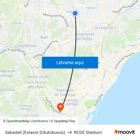 Sabadell (Estació D'Autobusos) to RCDE Stadium map