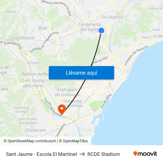 Sant Jaume - Escola El Martinet to RCDE Stadium map