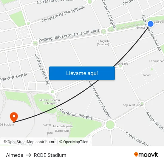 Almeda to RCDE Stadium map