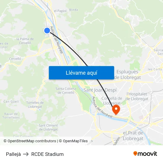 Pallejà to RCDE Stadium map