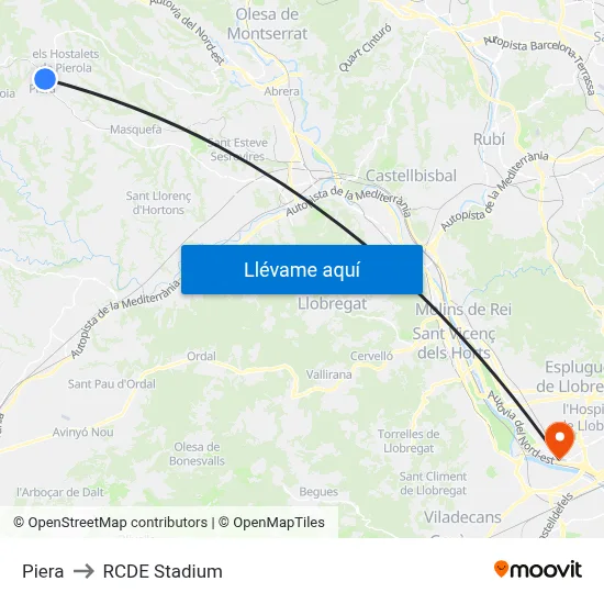 Piera to RCDE Stadium map