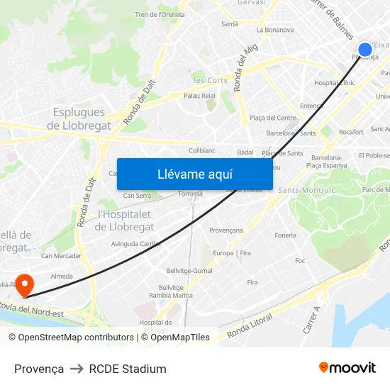 Provença to RCDE Stadium map