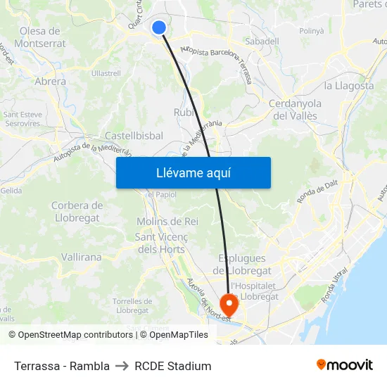 Terrassa - Rambla to RCDE Stadium map