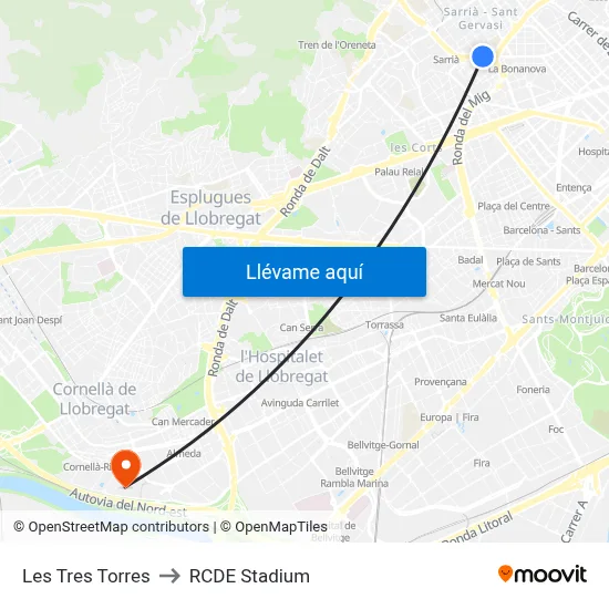 Les Tres Torres to RCDE Stadium map