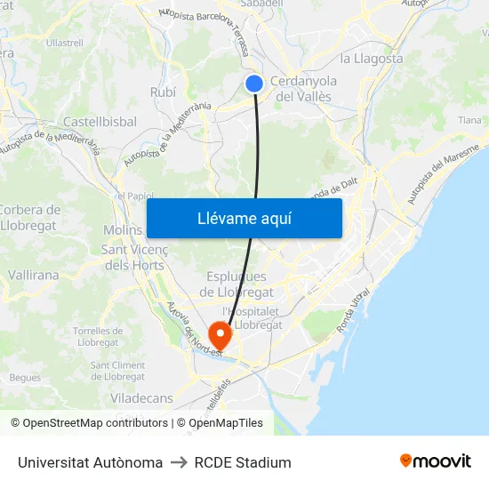 Universitat Autònoma to RCDE Stadium map