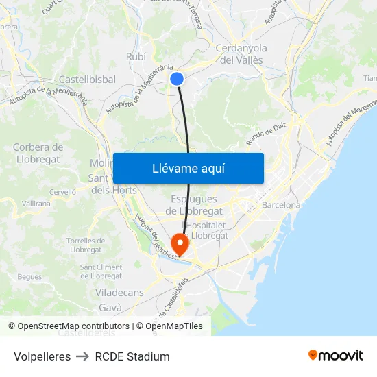 Volpelleres to RCDE Stadium map