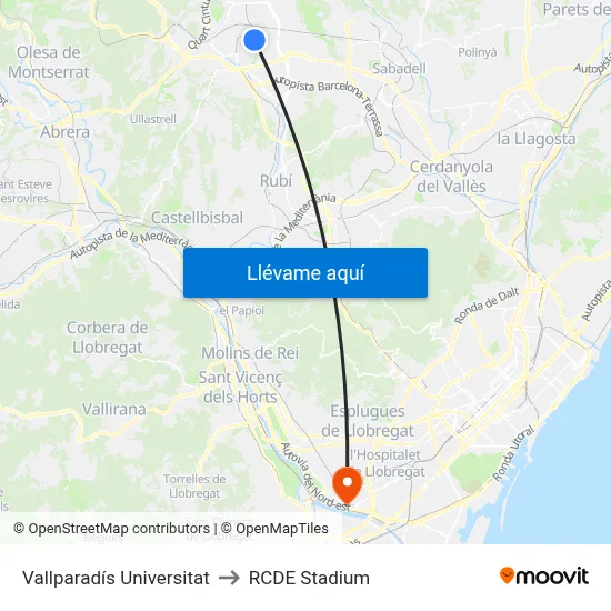 Vallparadís Universitat to RCDE Stadium map
