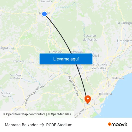 Manresa-Baixador to RCDE Stadium map