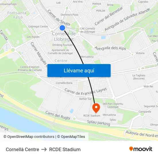 Cornellà Centre to RCDE Stadium map