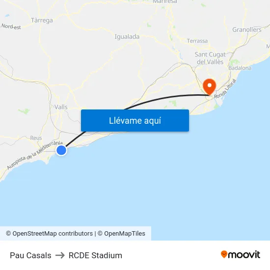 Pau Casals to RCDE Stadium map